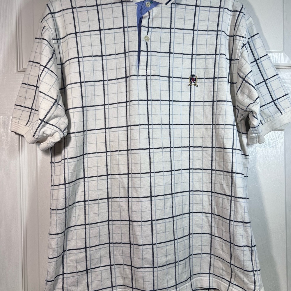 Tommy Hilfiger White and Navy Plaid Polo Shirt